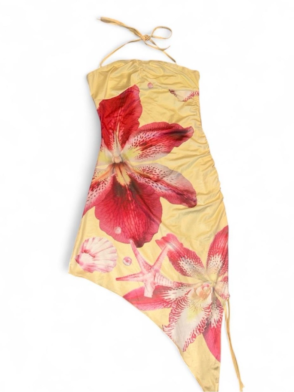SHEIN Yellow Halter Asymmetrical Dress with Pink Floral Print